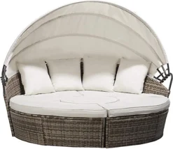EVRE Seychelles Day Sun Bed Rattan Round Outdoor Garden Furniture Set With Extendable Canopy Table 5 Pieces Mixed Grey