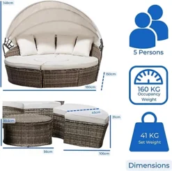 EVRE Seychelles Day Sun Bed Rattan Round Outdoor Garden Furniture Set With Extendable Canopy Table 5 Pieces Mixed Grey -Outsunny Garden Zone evre seychelles day sun bed rattan round outdoor garden furniture set with extendable canopy table 5 pieces mixed grey5060381728837 04c MP