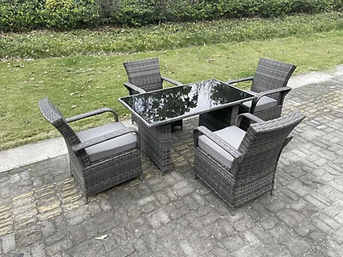 Fimous 4 Seat Rattan Garden Furniture Dining Set Table And Chair Sets PE Wicker Patio Outdoor 4 Chairs Black Tempered Glass Table 1 Fimous 4 Seat Rattan Garden Furniture Dining Set Table And Chair Sets PE Wicker Patio Outdoor 4 Chairs Black Tempered Glass Table