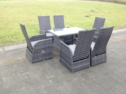 Fimous Oblong Adjustable Rattan Dining Set Table And Chair Set Outdoor Garden Furniture Mixed Grey 6 Seat