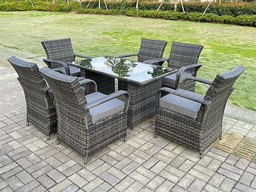 Fimous Rattan Garden Furniture Dining Set Table And Chair Sets PE Wicker Patio Outdoor 6 Chairs Black Tempered Glass Table 1 Fimous Rattan Garden Furniture Dining Set Table And Chair Sets PE Wicker Patio Outdoor 6 Chairs Black Tempered Glass Table