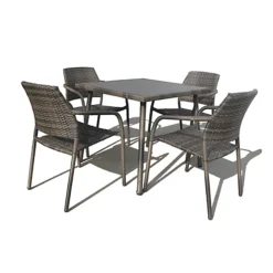 Furniture One Rattan Effect Grey 4 Seater Cube Dining Table And Chair Set FULLY ASSEMBLED STACKABLE CHAIRS