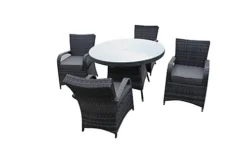 Furniture One Rattan Effect Grey Round 4 Seater Dining Set Table & Chair Set NO ASSEMBLY & ALUMINIUM FRAME