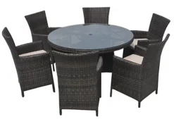 Furniture One Rattan Effect Mix Brown Round 6 Seater Dining Set Table & Chair Set NO ASSEMBLY & ALUMINIUM FRAME