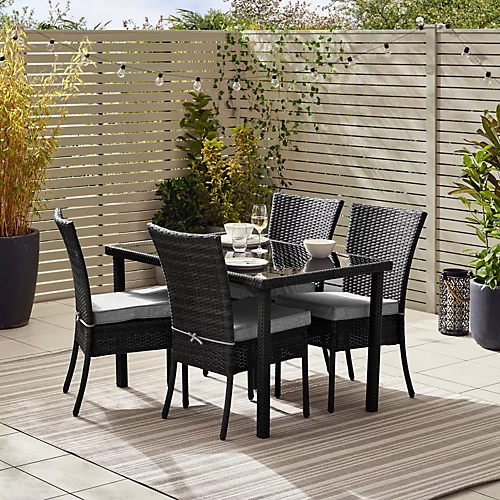 Furniturebox Bali Black PE Rattan 4 Seat Outdoor Garden Dining Set With Tempered Glass Top And Durable Grey Cushions 1 Furniturebox Bali Black PE Rattan 4 Seat Outdoor Garden Dining Set With Tempered Glass Top And Durable Grey Cushions