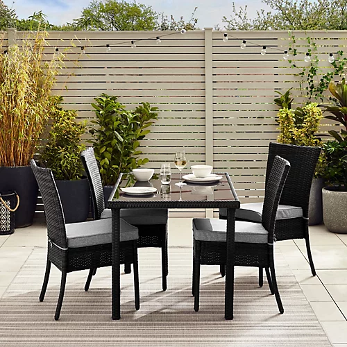Furniturebox Bali Black PE Rattan 4 Seat Outdoor Garden Dining Set With Tempered Glass Top And Durable Grey Cushions 2 Furniturebox Bali Black PE Rattan 4 Seat Outdoor Garden Dining Set With Tempered Glass Top And Durable Grey Cushions - Image 2