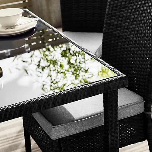 Furniturebox Bali Black PE Rattan 4 Seat Outdoor Garden Dining Set With Tempered Glass Top And Durable Grey Cushions 4 Furniturebox Bali Black PE Rattan 4 Seat Outdoor Garden Dining Set With Tempered Glass Top And Durable Grey Cushions - Image 4