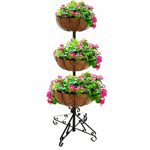 Garden 3 Tier Flower Fountain Coco Liner Black Metal Patio Planter Plant Pot Tub 1 Garden 3 Tier Flower Fountain Coco Liner Black Metal Patio Planter Plant Pot Tub