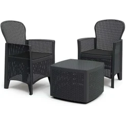 Garden Bistro Set For 2 With Storage Coffee Table & Armchairs Black Rattan Effect