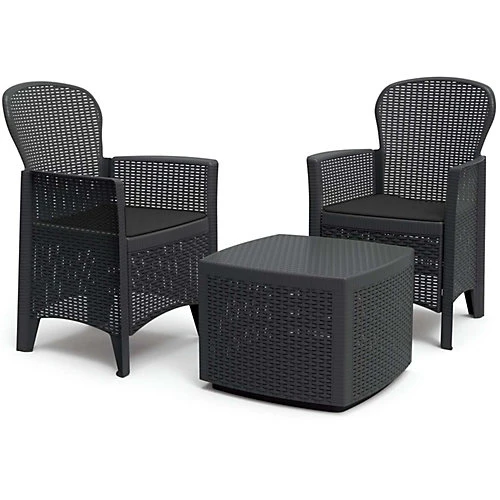 Garden Bistro Set For 2 With Storage Coffee Table & Armchairs Black Rattan Effect 1 Garden Bistro Set For 2 With Storage Coffee Table & Armchairs Black Rattan Effect