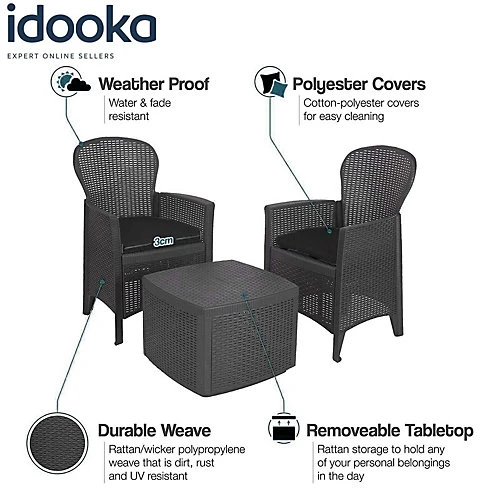 Garden Bistro Set For 2 With Storage Coffee Table & Armchairs Black Rattan Effect 2 Garden Bistro Set For 2 With Storage Coffee Table & Armchairs Black Rattan Effect - Image 2