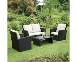Garden Store Direct Rattan Garden Furniture 4 Piece Patio Set - Black With Cream Cushions