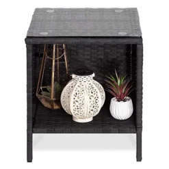 GardenCo 2 Black Seat Rattan Bistro Set With Low Glass Top Storage Table & Two Chairs - Outdoor Garden Furniture -Outsunny Garden Zone gardenco 2 black seat rattan bistro set with low glass top storage table two chairs outdoor garden furniture5056337107740 03c MP