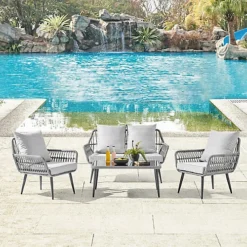 Grey 4 Piece Sofa Garden Set With Wicker Rope Style Chairs Coffee Black Glass Topped Topper