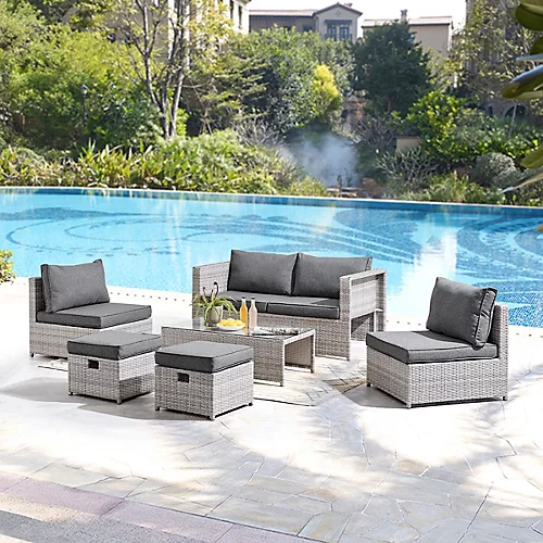 Grey Rattan Grey Cushions 6 Piece Garden Sofa Chairs Footstools Glass Top Coffee Table 1 Grey Rattan Grey Cushions 6 Piece Garden Sofa Chairs Footstools Glass Top Coffee Table