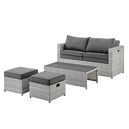 Grey Rattan Grey Cushions 6 Piece Garden Sofa Chairs Footstools Glass Top Coffee Table 2 Grey Rattan Grey Cushions 6 Piece Garden Sofa Chairs Footstools Glass Top Coffee Table - Image 2