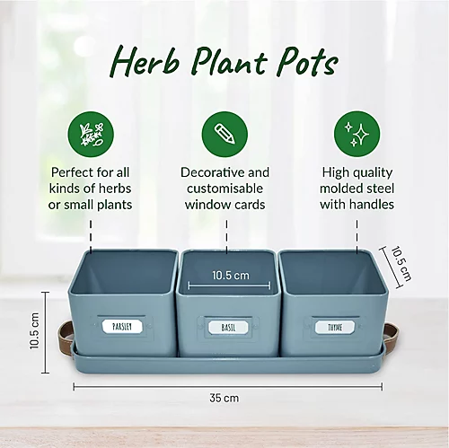 Herb Pots For Kitchen Windowsill With Leather Handles Ideal For Growing Indoor Plants With Tray (Teal Blue) 2 Herb Pots For Kitchen Windowsill With Leather Handles Ideal For Growing Indoor Plants With Tray (Teal Blue) - Image 2