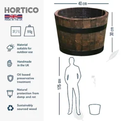 HORTICO Upcycled Oak Wood Half Barrel Wooden Planter For Garden, Outdoor Plant Pot Made In The UK D40 H30 Cm, 37.7L -Outsunny Garden Zone hortico upcycled oak wood half barrel wooden planter for garden outdoor plant pot made in the uk d40 h30 cm 37 7l5060874792826 04c MP