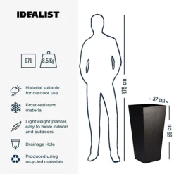 IDEALIST Black Light Concrete Garden Tall Planter, Outdoor Plant Pot With Tapered Shape H65 L32 W32 Cm, 67L -Outsunny Garden Zone idealist black light concrete garden tall planter outdoor plant pot with tapered shape h65 l32 w32 cm 67l5000124502324 03c MP