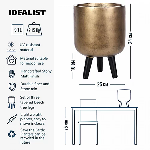 IDEALIST Concrete Effect Gold Round Planter With Legs, Round Indoor Plant Pot Stand For Indoor Plants D25 H34 Cm, 9L 2 IDEALIST Concrete Effect Gold Round Planter With Legs, Round Indoor Plant Pot Stand For Indoor Plants D25 H34 Cm, 9L - Image 2