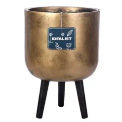 IDEALIST Concrete Effect Gold Round Planter With Legs, Round Indoor Plant Pot Stand For Indoor Plants D30 H43 Cm, 16L