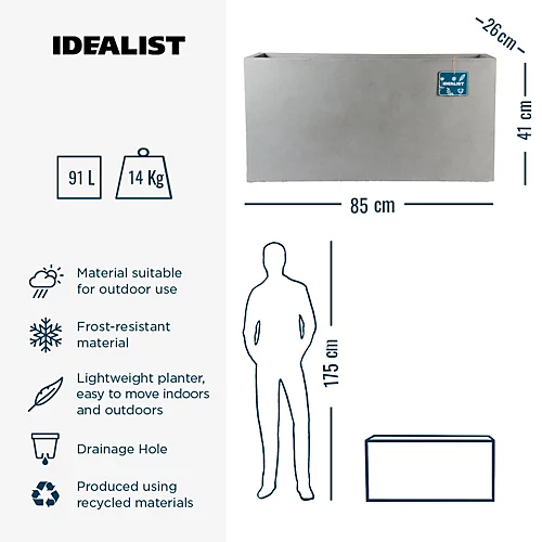 IDEALIST Contemporary Trough Garden Planter, Grey Concrete Light Outdoor Large Plant Pot H41 L85 W26 Cm, 91L 4 IDEALIST Contemporary Trough Garden Planter, Grey Concrete Light Outdoor Large Plant Pot H41 L85 W26 Cm, 91L - Image 4