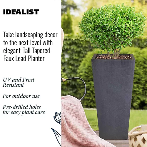 IDEALIST Faux Lead Dark Grey Light Concrete Garden Tall Planter, Outdoor Plant Pot With Tapered Shape H65 L32 W32 Cm, 67L 2 IDEALIST Faux Lead Dark Grey Light Concrete Garden Tall Planter, Outdoor Plant Pot With Tapered Shape H65 L32 W32 Cm, 67L - Image 2