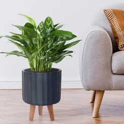 IDEALIST Modern Ribbed Black Cylinder Planter With Legs, Round Indoor Plant Pot Stand For Indoor Plants D24 H32 Cm, 7.6L