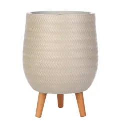 IDEALIST Plaited Style Beige Egg Planter With Legs, Round Indoor Plant Pot Stand For Indoor Plants D32 H43 Cm, 22L