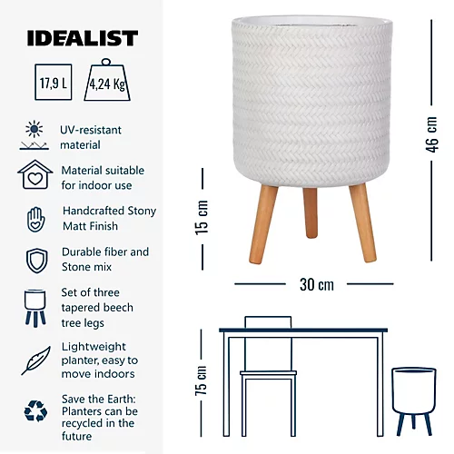 IDEALIST Plaited Style White Cylinder Planter With Legs, Round Indoor Plant Pot Stand For Indoor Plants D30 H46 Cm, 17.9L 4 IDEALIST Plaited Style White Cylinder Planter With Legs, Round Indoor Plant Pot Stand For Indoor Plants D30 H46 Cm, 17.9L - Image 4
