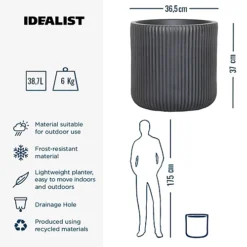 IDEALIST Ribbed Black Garden Round Planter, Outdoor Plant Pot D36.5 H37 Cm, 39L -Outsunny Garden Zone idealist ribbed black garden round planter outdoor plant pot d36 5 h37 cm 39l5060874790853 06c MP