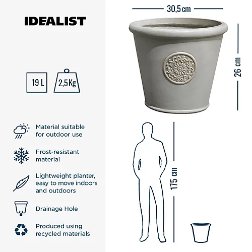 IDEALIST Rustic Style Rolled Rim Beige Wide Garden Round Garden Planter Vase, Outdoor Plant Pot D30.5 H26 Cm, 19L 2 IDEALIST Rustic Style Rolled Rim Beige Wide Garden Round Garden Planter Vase, Outdoor Plant Pot D30.5 H26 Cm, 19L - Image 2