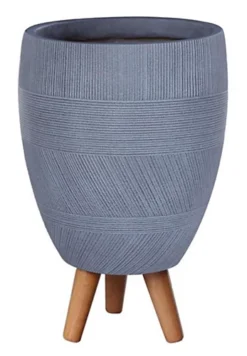 IDEALIST Striped Grey Egg Planter On Legs, Round Pot Plant Stand Indoor D27 H43 Cm, 15.2L
