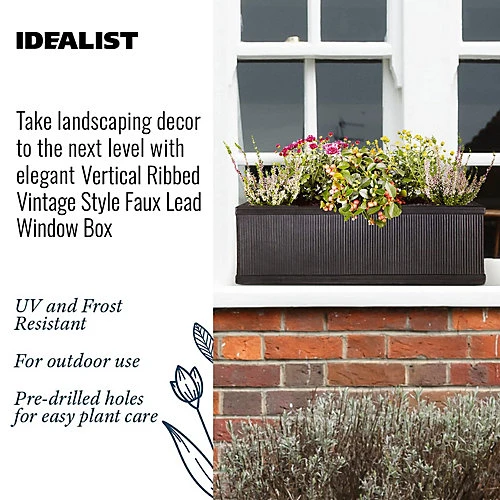 IDEALIST Vertical Ribbed Vintage Style Window Flower Box Garden Planter, Dark Grey Outdoor Plant Pot H17 L60 W17 Cm, 17L 2 IDEALIST Vertical Ribbed Vintage Style Window Flower Box Garden Planter, Dark Grey Outdoor Plant Pot H17 L60 W17 Cm, 17L - Image 2