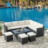 Kos Rattan Corner Group Garden Furniture Set Outdoor Coffee Table Sofa Stool Set, Black