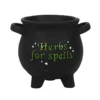 Large Cauldron Shaped Resin Plant Pot With Drainage Hole. Black With Green Text "Herbs For Spells". (Dia) 21 Cm