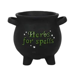 Large Cauldron Shaped Resin Plant Pot With Drainage Hole. Black With Green Text "Herbs For Spells". (Dia) 21 Cm