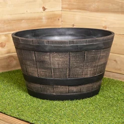 Large Oak Wood Effect Barrel Plastic Decorative Garden Patio Trough Plant Pot Planter
