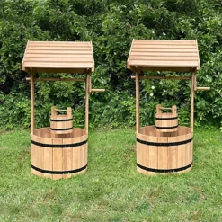 Large Wooden Wishing Well Garden Planters (Set Of 2)