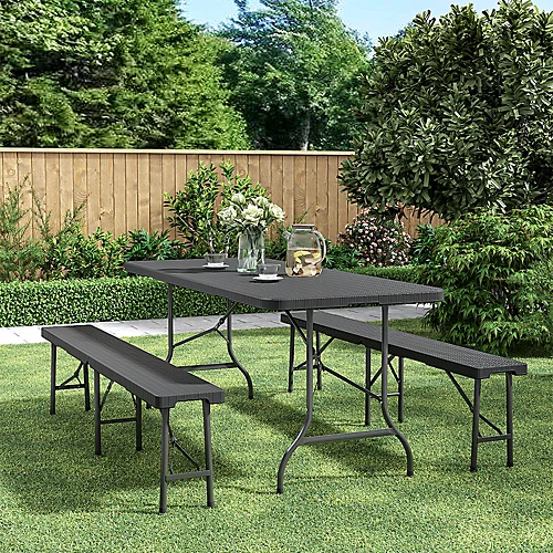 Livingandhome 3 Piece Black Rattan Plastic Outdoor Folding Catering Camping Table Bench Set 178 Cm 3 Livingandhome 3 Piece Black Rattan Plastic Outdoor Folding Catering Camping Table Bench Set 178 Cm - Image 3