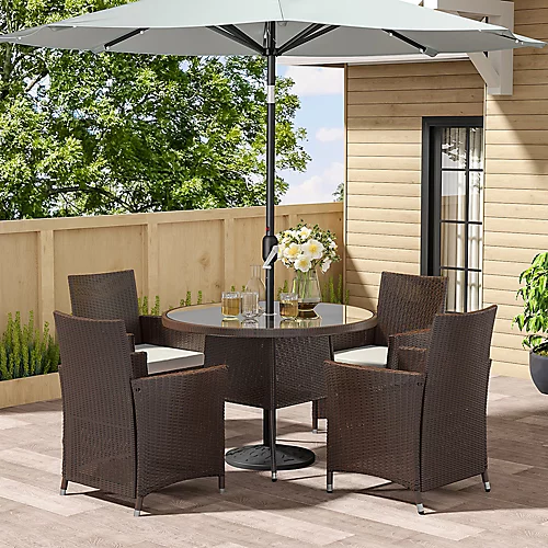 Livingandhome 5Pcs Brown Garden Patio Round Glass Umbrella Table And Rattan Chairs Set 105 Cm 1 Livingandhome 5Pcs Brown Garden Patio Round Glass Umbrella Table And Rattan Chairs Set 105 Cm