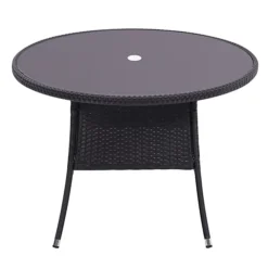Livingandhome Black Garden Round Wicker Tempered Glass Outdoor Table With Parasol Hole 105 Cm -Outsunny Garden Zone livingandhome black garden round wicker tempered glass outdoor table with parasol hole 105 cm0735940289696 03c MP
