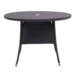 Livingandhome Black Garden Round Wicker Tempered Glass Outdoor Table With Parasol Hole 105 Cm -Outsunny Garden Zone livingandhome black garden round wicker tempered glass outdoor table with parasol hole 105 cm0735940289696 04c MP