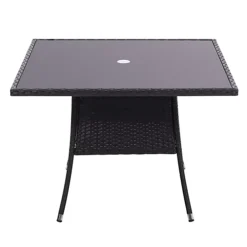 Livingandhome Black Garden Wicker Square Tempered Glass Outdoor Table With Parasol Hole 105 Cm