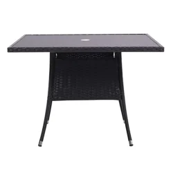 Livingandhome Black Garden Wicker Square Tempered Glass Outdoor Table With Parasol Hole 105 Cm -Outsunny Garden Zone livingandhome black garden wicker square tempered glass outdoor table with parasol hole 105 cm0735940289610 03c MP