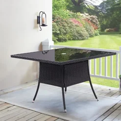 Livingandhome Black Garden Wicker Square Tempered Glass Outdoor Table With Parasol Hole 105 Cm -Outsunny Garden Zone livingandhome black garden wicker square tempered glass outdoor table with parasol hole 105 cm0735940289610 04c MP