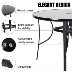 Livingandhome Black Round Metallic And Tempered Glass Garden Table With Parasol Hole Outdoor 105 Cm -Outsunny Garden Zone livingandhome black round metallic and tempered glass garden table with parasol hole outdoor 105 cm0735940289641 04c MP