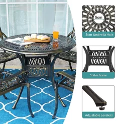 Livingandhome Black Vintage Round Cast Aluminum Garden Bistro Table With Parasol Hole 90 Cm -Outsunny Garden Zone livingandhome black vintage round cast aluminum garden bistro table with parasol hole 90 cm0735940233262 04c MP