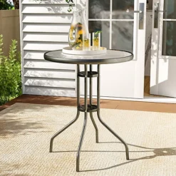 Livingandhome Outdoor Garden Metal Frame Small Round Tempered Glass Coffee Table 600mm Dia