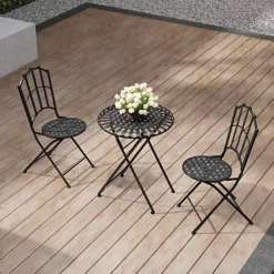 Livingandhome Set Of 3 Black Retro Metal Folding Chairs And Table Set 93 Cm